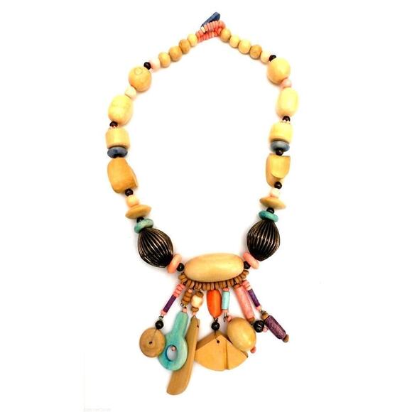 Statement Necklace Large Carved Wood Earrings Pierced Jewelry Handmade Natural - Picture 1 of 3